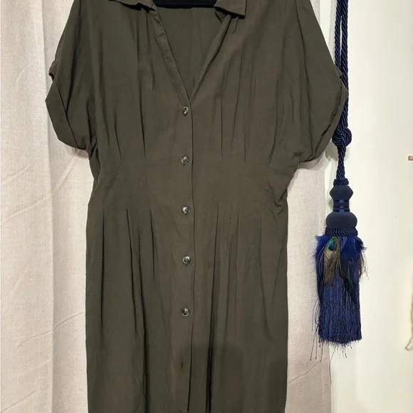Olive Green Button-Up Dress with Tan Belt - Picture 2 of 2